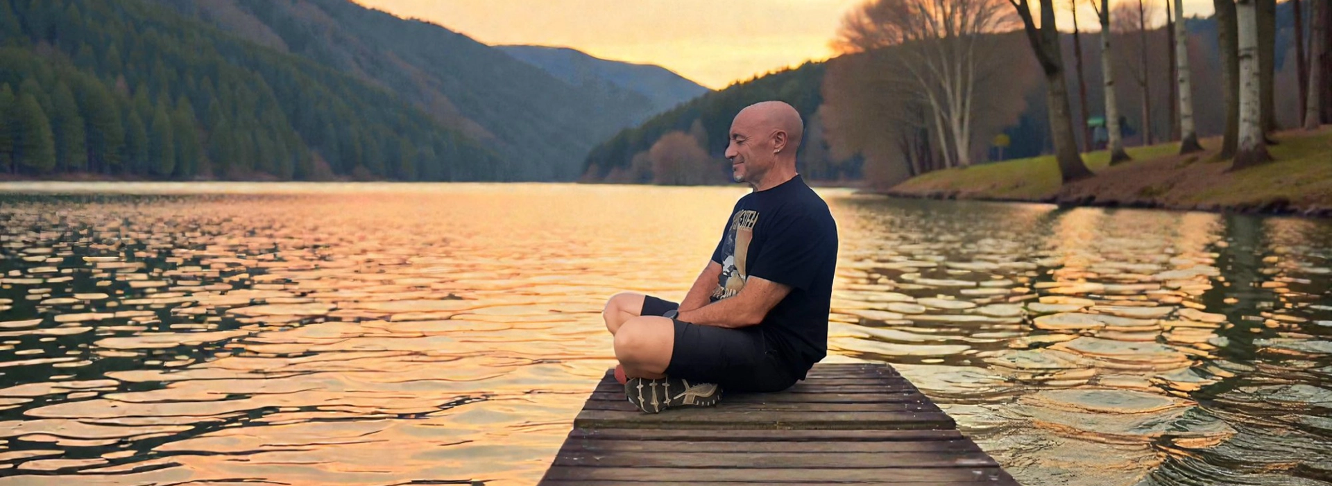Emilio meditando en una pasarela de madera en un lago.