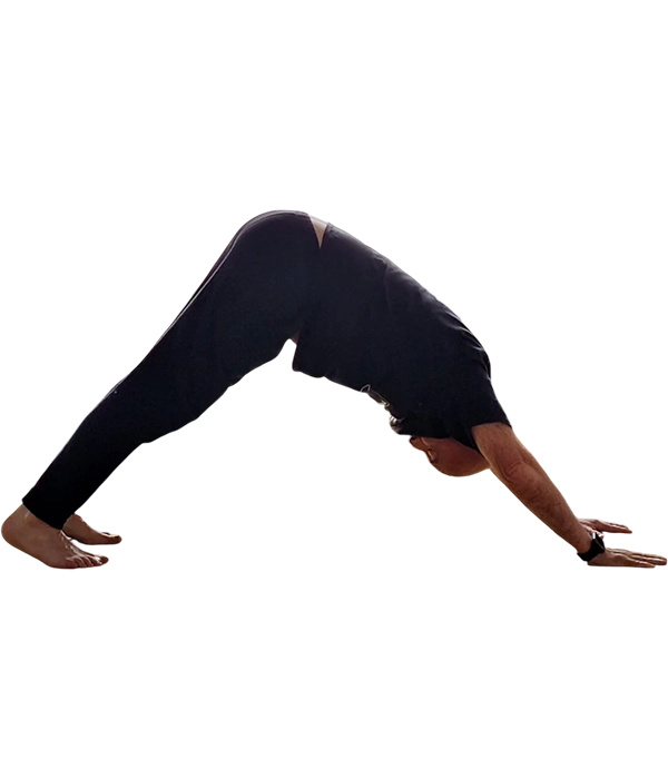 Foto aislada de Emilio realizando una asana (Perro boca abajo)
